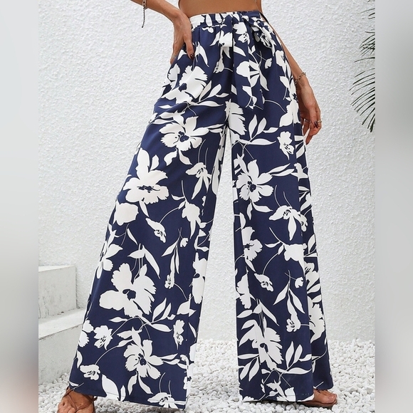 Pants - Floral Print Belted Wide Leg Pants